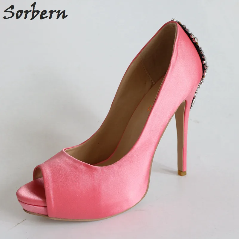 

Sorbern Multi Color Pink Satin Wedding Shoes Slip On Crystals Shoes Woman Open Toe Rhinestones High Heels Pump Shoes Brides