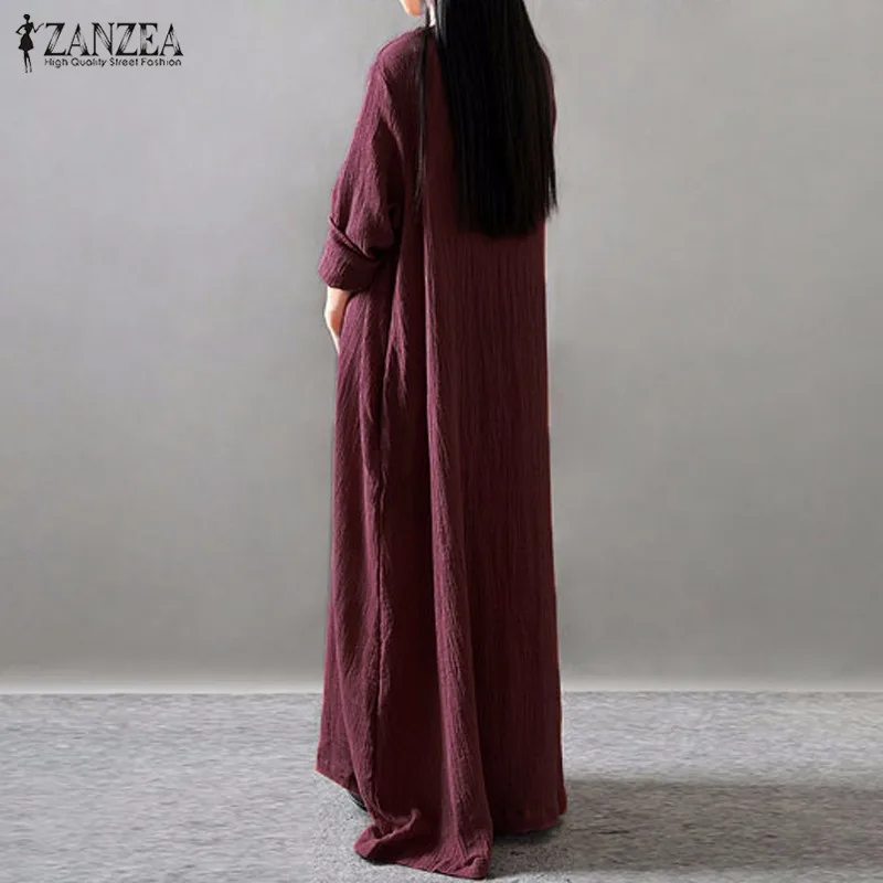 Женское платье ZANZEA, осень, v-образный вырез, длинный рукав, длина до пола, повседневное, свободное, одноцветное, макси, длинное платье, Vestidos размера плюс S-5XL