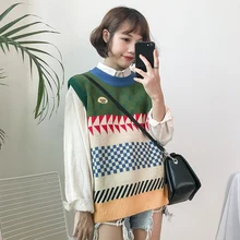 Зимний Корейский стиль женский геометрический принт в разноцветную полоску Рождественская елка принт Мягкий Вязаный жилет с длинными рукавами