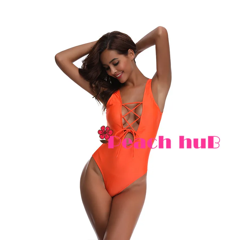 Swimsuit 2019 Orange Sexy Bandage Vintage One Piece Swimsuit Women Cut out Monokini Swim Suits Swimwear Women (11)