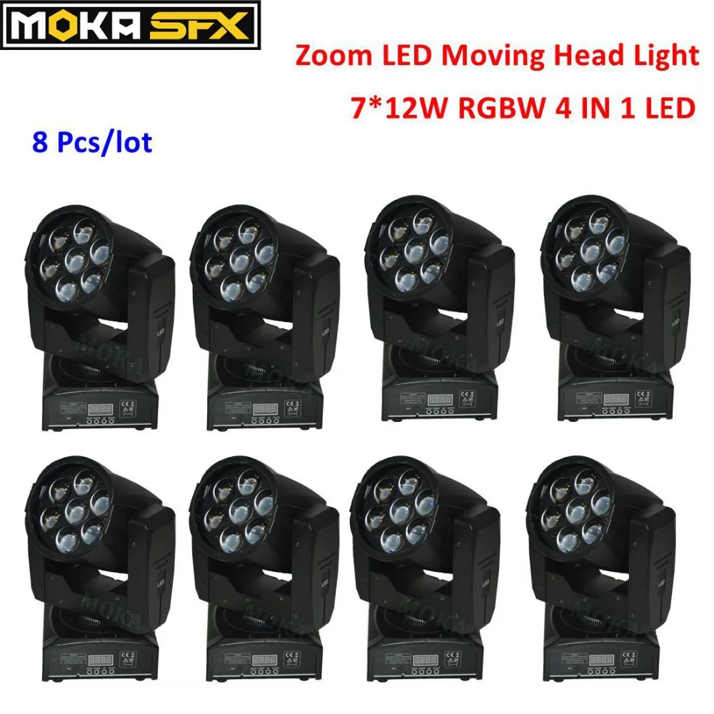 

8pcs LED Zoom Moving Head Lights 7*12W Stage Lightings RGBW 4 in 1 for Wedding Stage Nightclub DJ Bar Party Show Decorations