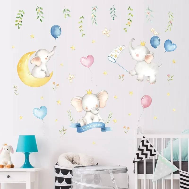 Наклейки на стену с изображением слона, цветов, воздушных шаров для детской комнаты, съемные наклейки на стену из ПВХ, декор для детской комнаты, настенные наклейки