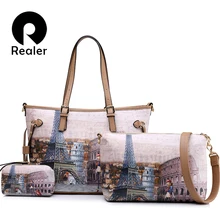 REALER кожаная женская сумка 3 комплекта с принтом большая сумка на плечо набор дамских кошельков модные женские сумки на молнии