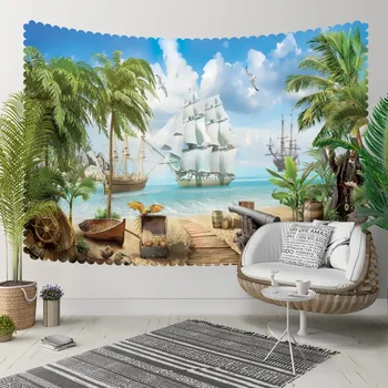 

Else Blue Sky Tropical Palm Green Trees Pirate Beach 3D Print Decorative Hippi Bohemian Wall Hanging Landscape Tapestry Wall Art