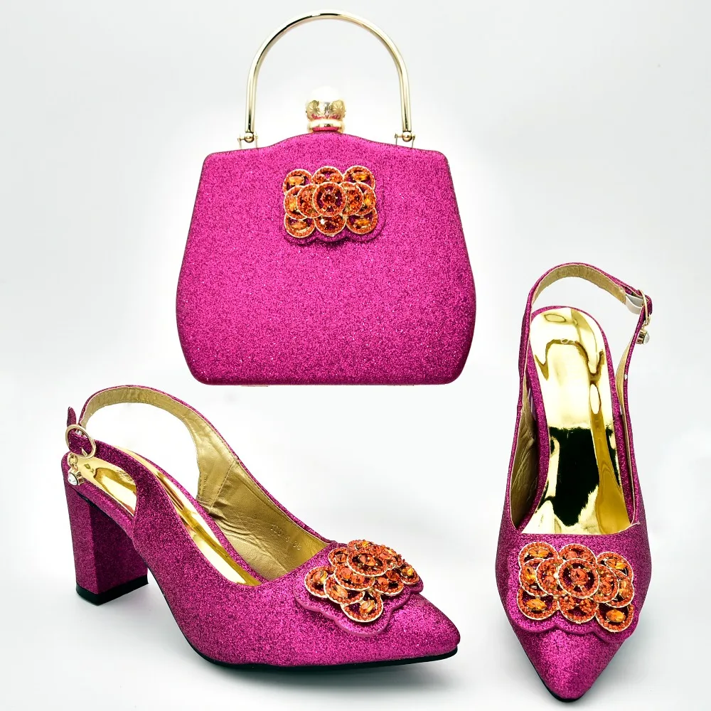 

Low heel 2.7 inches heel sandal shoes with clutches bag 2019 new arrival nice italian shoes and bag in fushia hot pink SB8375-3