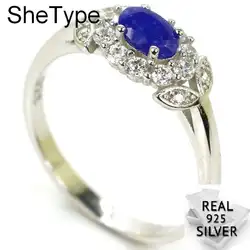 2,8 г роскошный настоящий синий сапфир Белый CZ подарок для девочек серебро 925 пробы кольца 14x8 мм