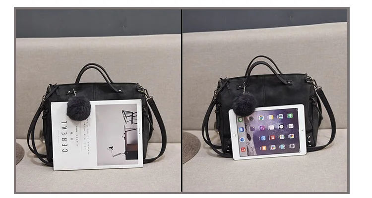 MJ Brand Design Women Handbag Fashion Suede Leather Top-Handle Bags Hair Ball Rivets Shoulder Bag Large Motorcycle Messenger Bag (2)