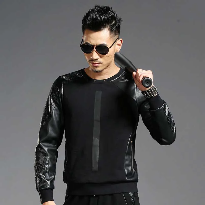 New Fashion PU Zipper Sleeve Hoodie Jacket Korean Style Men's Sweatshirt Casual Slim Pullover Jacket Spring Autumn Male Clothing