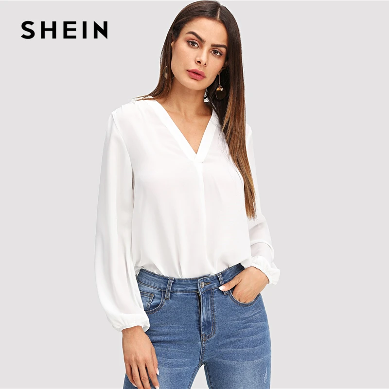 SHEIN белый простой топ с v образным вырезом рабочая одежда современные женские