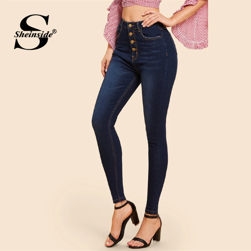 Sheinside Navy Mid Waist Jeans Woman Dark Wash Button Up Skinny Pencil Pants Women Button Fly Stretch Trousers 2018 Casual Jeans