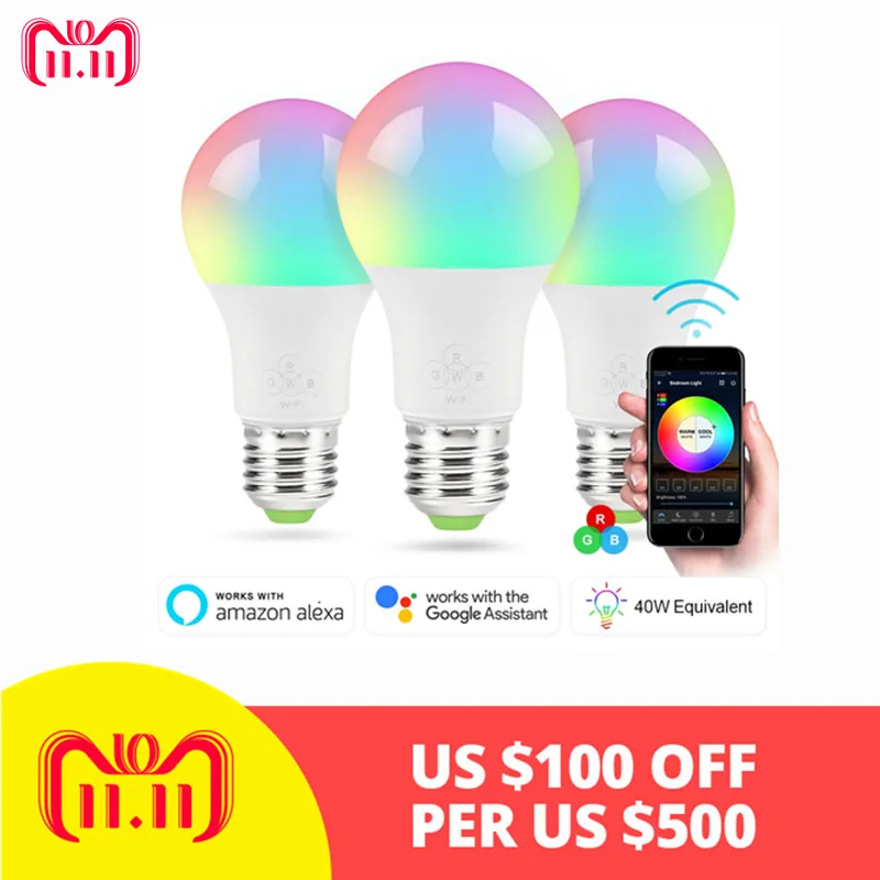 

E27 WiFi Smart Light Bulb,led Bulb,Dimmable,Multicolor,Wake-Up Lights,No Hub Required,Compatible with Alexa and Google Assistant