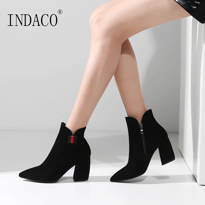

2018 Women Leather Suede Boots Martin Boots High Heel Fashion Chelsea Boots 7.5cm Botas Ante
