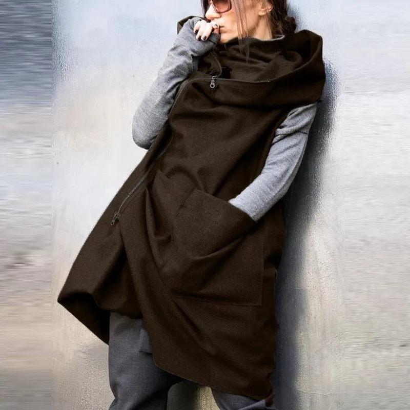 Plus Size ZANZEA Vintage Autumn Women Hooded Zipper Pockets Loose Solid Baggy Sleeveless Waistcoat Jacket Irregular Coat M-5XL