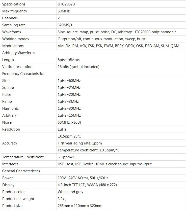 UNI-T UTG2062B функция генератор сигналов произвольной формы 60 МГц полоса пропускания 320 мс/с 1Mpts частота дискретизации с квадратной волной