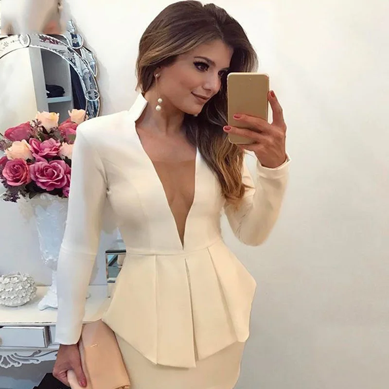 

Sexy Deep V Office Blazer Women Dress 2019 Spring Summer Elegant Formal Stretch White Dress Work Bodycon Overalls Mini Dresses