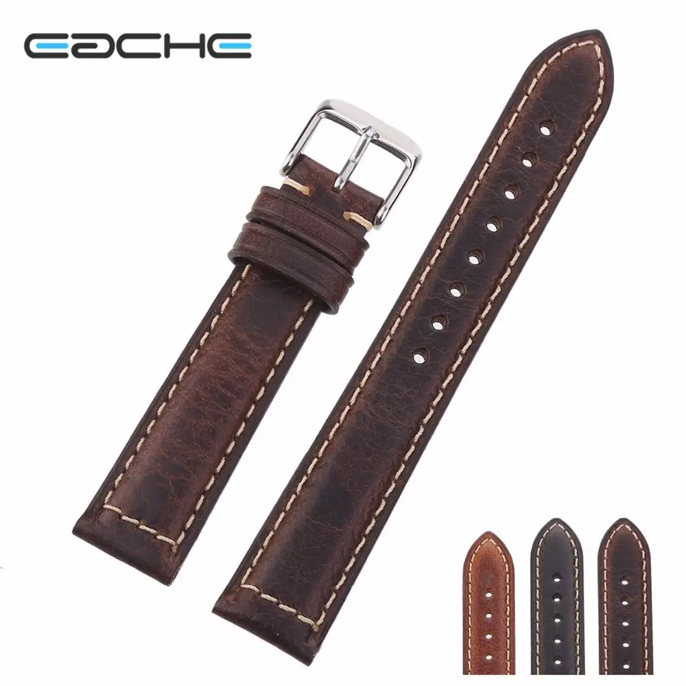 EACHE 18mm 20mm 22mm Watch Band Oil Waxed Genuine Leather Watch Band Crazy Horse Leather Strap Small buckle Silver&Black
