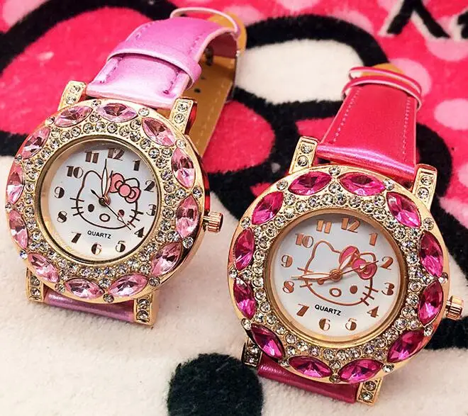 

Fashion Brand Hello Kitty Quartz Watch Children Girl Women Leather Crystal Wrist Watch Kids Wristwatch Cut Lovely Clock relogio