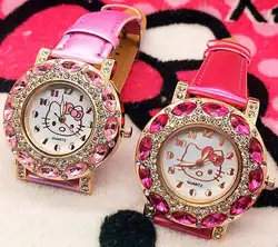 Модный бренд hello kitty кварцевые часы для девочек для женщин кожа Кристалл Детские наручные часы наручные с прекрасный relogio