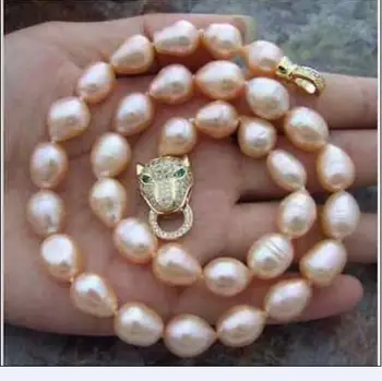 

huge 18" 9x11MM SOUTH SEA NATURAL pink PEARL NECKLACE Leopard head CLASP>>>girls choker necklace pendant Free shipping