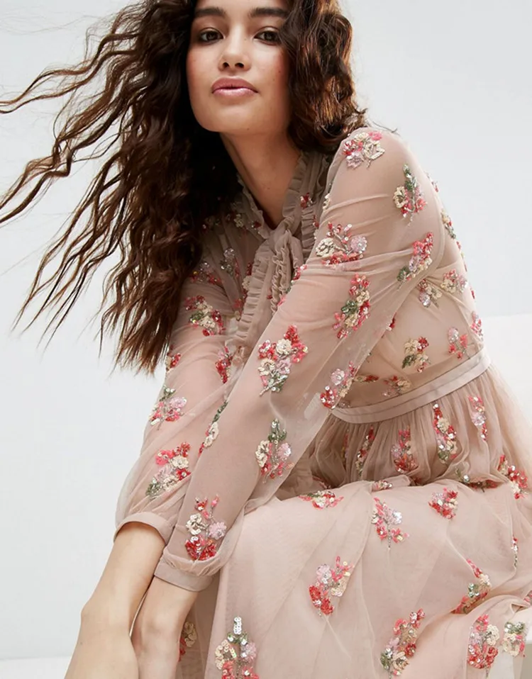 

blusas mujer de moda 2018 Apricot Stand Long Sleeves Maxi Dress Mesh Sequins Designer Dresses For Holiday 80104