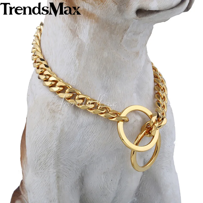 

11/13mm wide Gold Tone Cut Curb Cuban Link 316L Stainless Steel Dog Chain Collar Customize Length 12-30" DC05-DC06