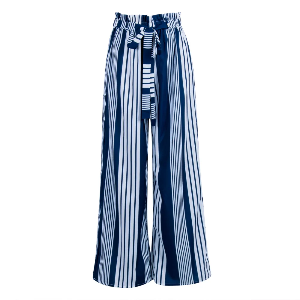 

Casual Loose Wide Leg Pant Women Striped High Waist Long Pants Ladies Sashes Casual Trousers With Belt Bottom