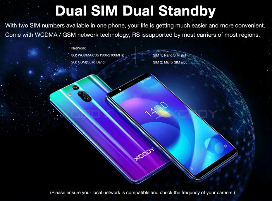 XGODY mate RS 3g Dual Sim смартфон 6 дюймов 18:9 Smart Android 8,1 Celular 4 ядра 1 Гб + 8 2800 мАч 5MP камера мобильного телефона gps