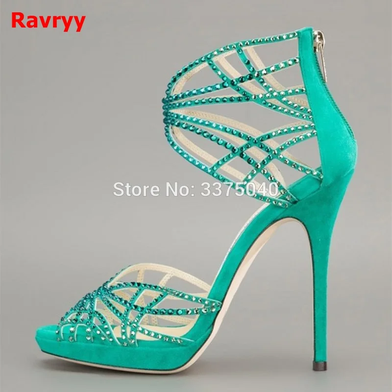 

Green Beige Rhinestone Open Toe Stiletto Heels Sandals Women's Wedding Sandals Crystal High Heels Platform Shoes