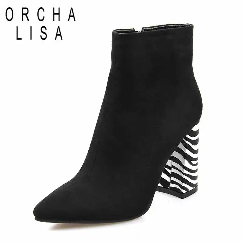 

ORCHA LISA New Winter 9.5 cm Flock Ankle boots women pointed toe boots zipper shoes Botas mujer zebra pattern square heels J506