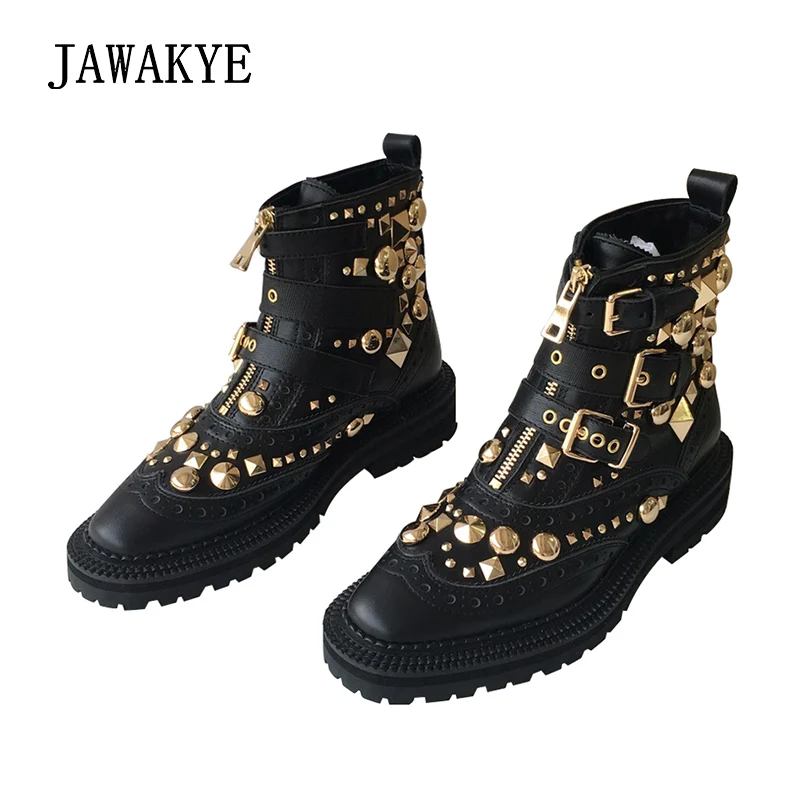 

JAWAKYE Sexy Rivets Studded Ankle Boots for Women Square Low Heel Flat Shoes Buckled zipper Genuine Leather Winter Boots Women