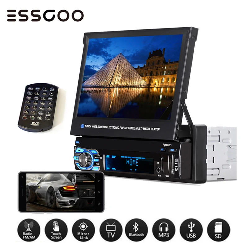 

7" MP5 Multimedia Player Car Radio 1 Din Retractable Touch Screen Autoradio Bluetooth Rear View Camera USB AUX FM Stereo Radio