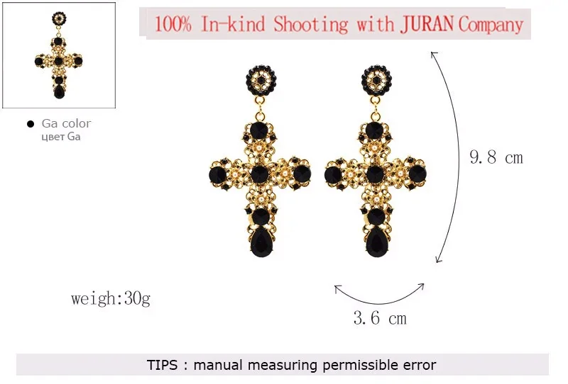 JURAN Women Fashion Vintage Crystal Gold Cross Earring Sweet Metal With Gems Dangle Earrings For Women Accessories Brincos