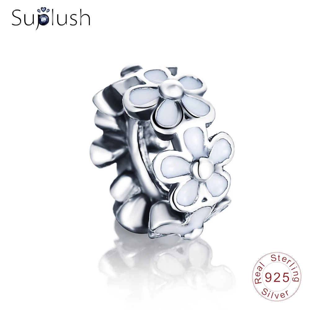Suplush Darling Daisies Spacer Charm White Enamel Flower 925 Sterling Silver Beads Fit Original Bracelets Fine Jewelry PSMB0238 | Украшения