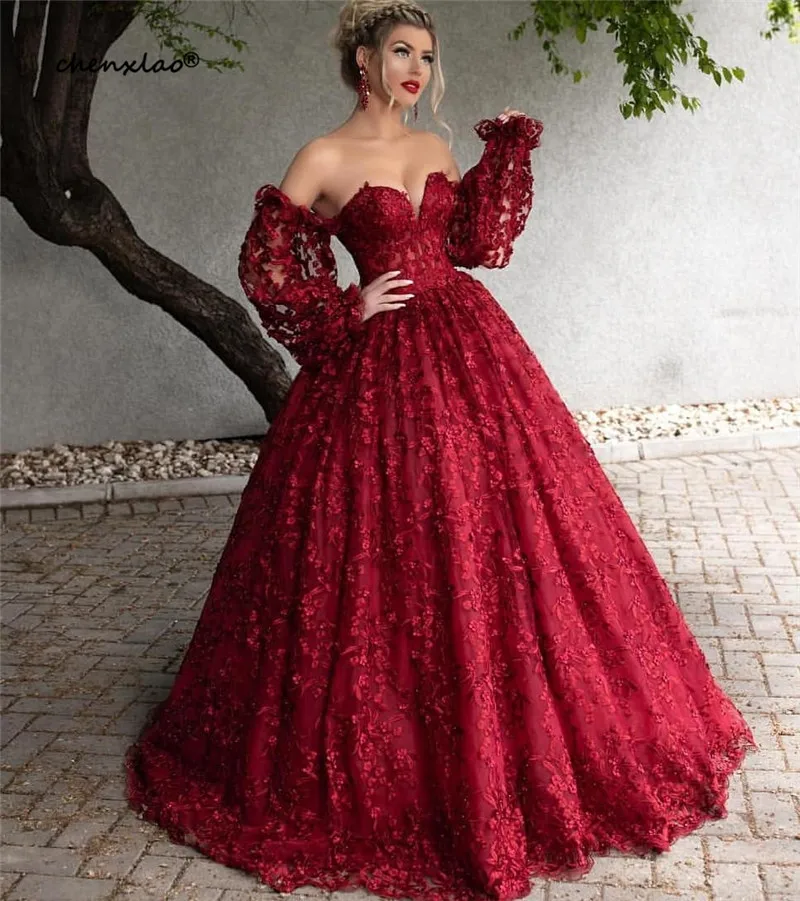 

2019 Burgundy Evening Dresses Lace Off The Shoulder Sleeves Sweetheart Backless Long Evening Dress Floor Length Party Gowns