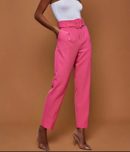 Модные женские длинные брюки-карандаш с высокой талией, эластичные повседневные брюки на шнурке с поясом, уличная одежда, новинка - Цвет: Розовый