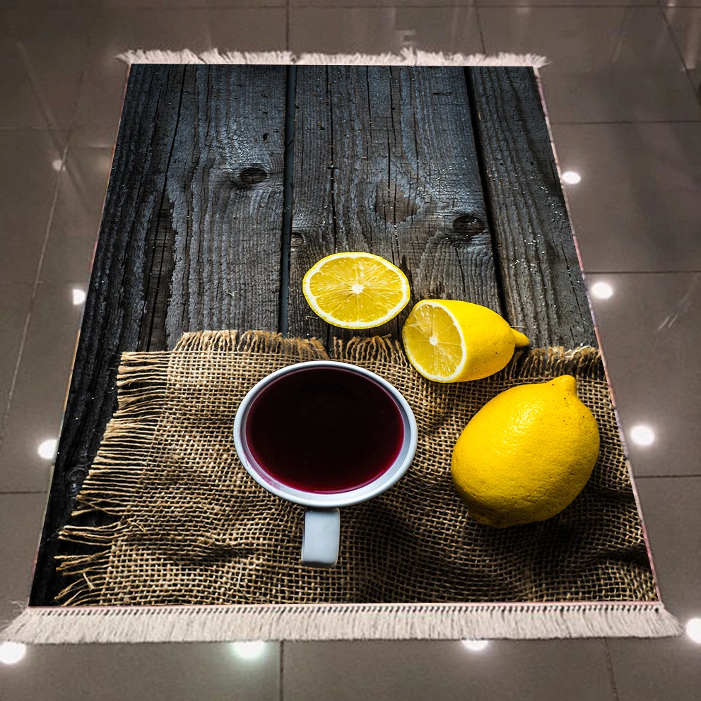 

Else Gray Wood Table Tea Cups Yellow Lemons Vintages 3d Microfiber Anti Slip Back Washable Decorative Kitchen Area Rug Carpet
