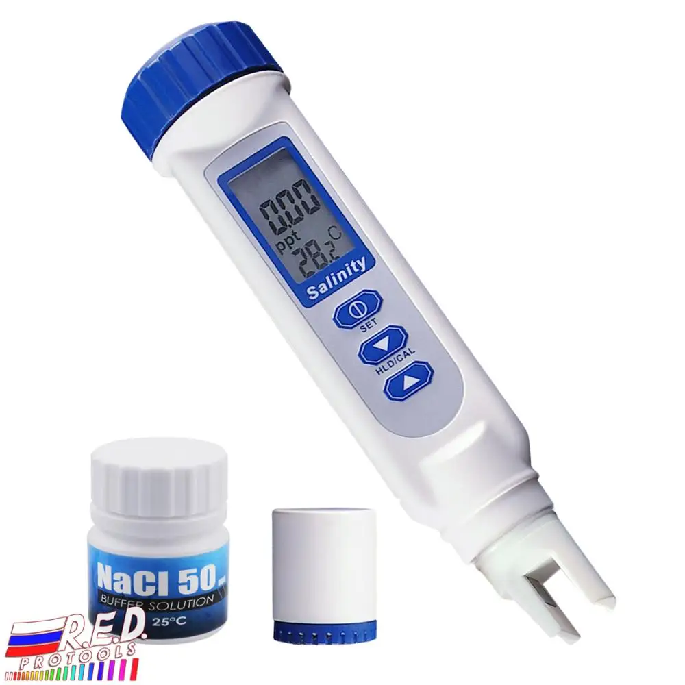 

Pen Type Salinity & Temperature Meter ATC NaCl w/ Calibration Solution Set, Salt Water Quality Tester 70.0ppt for Saltwater