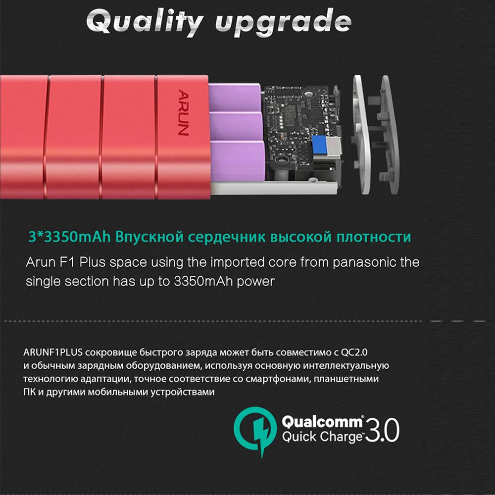 ARUN 10000 mAh power Bank QC3.0 интеллектуальная Внешняя батарея type c 2 USB Портативное мобильное