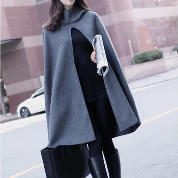 

Hooded Cloak Woolen Wind Coat Women Long Cape Fashion Outwear Loose Overcoat