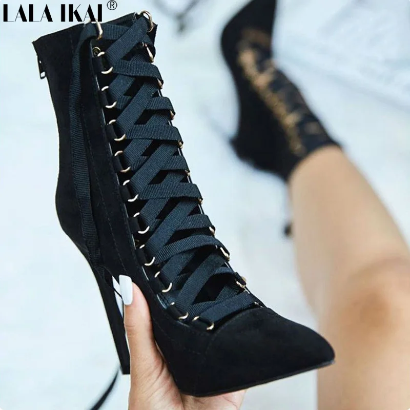 

LALA IKAI Faux Suede Women Boots Ankle Strap Pointed Toe Thin Heel Women Shoes Spring&Autumn Fashion Bota Feminina XWN1383-45
