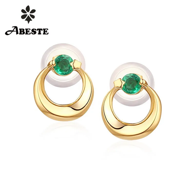 

ANI 14K Solid Yellow Gold Women Wedding Stud Earrings Natural Round Emerald Engagement Gold Earrings Dangle boucle d oreille