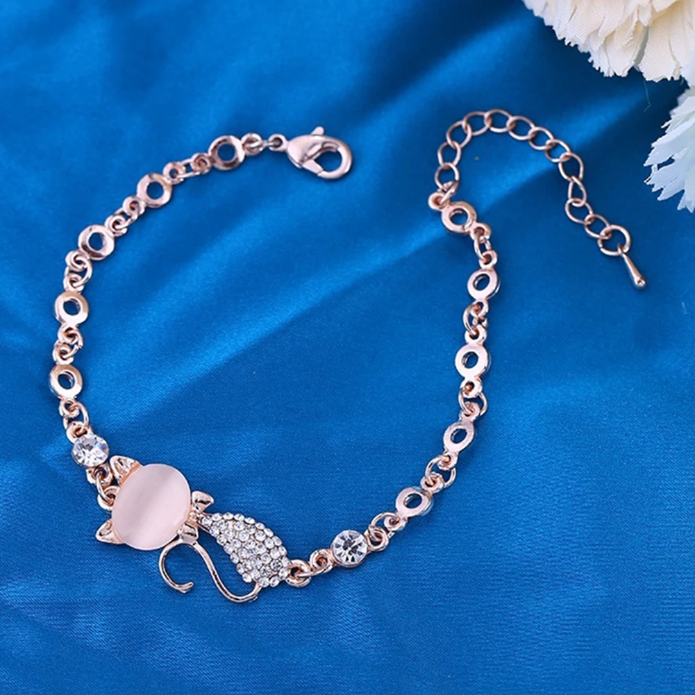 

Lovely Cat Pendant Women Ladies Opal Rhinestone Bangle Bracelet Chain Jewelry