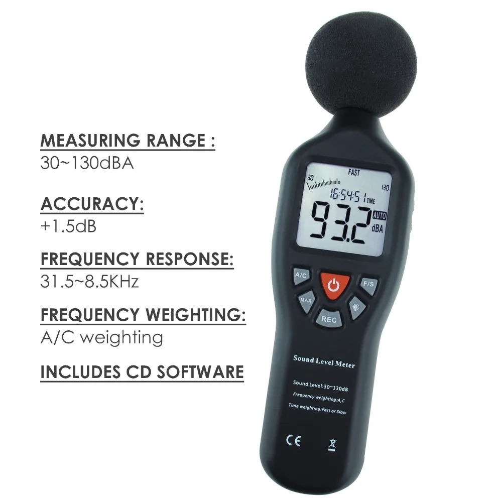 Digital Sound Level Meter Decibel 30dB - 130dB W/ Data Logging Function CD Software Noise Tester Recorder 3
