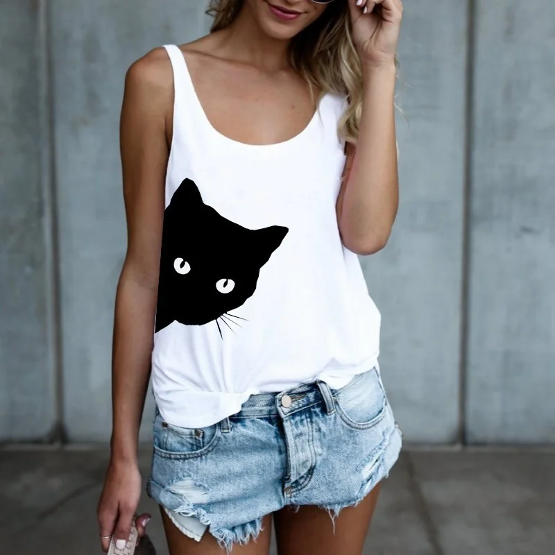 

2018 Women Sister Shirt Cat Printed Couple Summer Tank Vest S-3XL