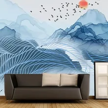 Синие чернила пейзаж абстрактные линии фон Высококачественная настенная ткань производители, обои Фотообои