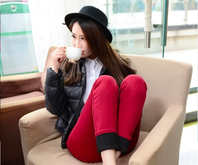 

Warm Thick Colourful Female Skinny Jeans Fleece Streetwear Slim Pencil Pants For Women