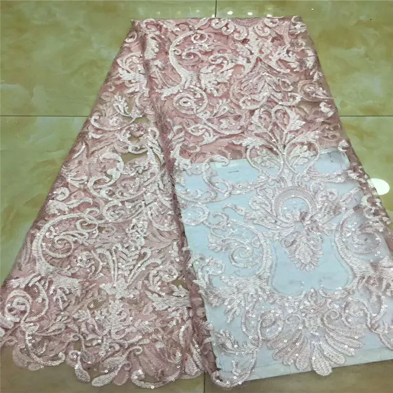 

Popular Sequin African Wedding Dress Sequin Embroidery Tulle Lace Fabric Pink French Mesh Lace Fabric X789-1