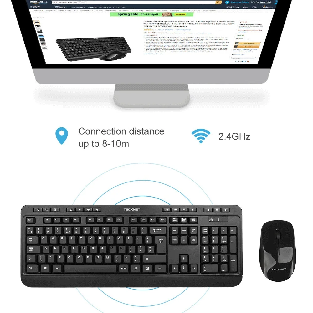 TeckNet 2.4Ghz Ergonomic Wireless Keyboard with Mouse Combo Set for Desktop Computer with Multimedia Key UK Keyboard Layout