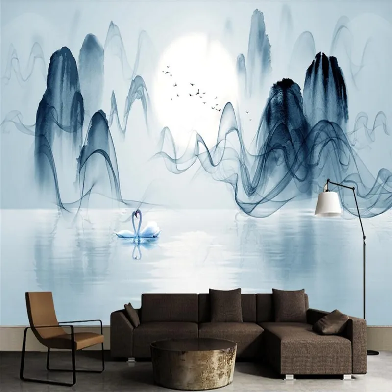 

Winter Solstice Lake Clouds Mountain Ink Artistic New Chinese Background Wall Painting Professional Production Wallpaper Mural C