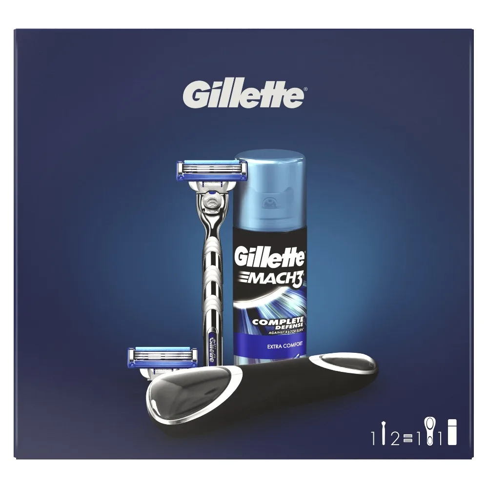 Gift set Gillette Mach 3 Turbo (Razor + 2 cartridges + Gel for shaving Extracomfort, 75ml + Travel pouch)